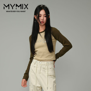 女装 新款 时尚 圆领字母拼色长袖 T恤 MYMIX我 长款 组合2024冬季