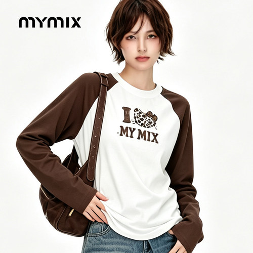 mymix冬季撞色字母圆领长袖T恤