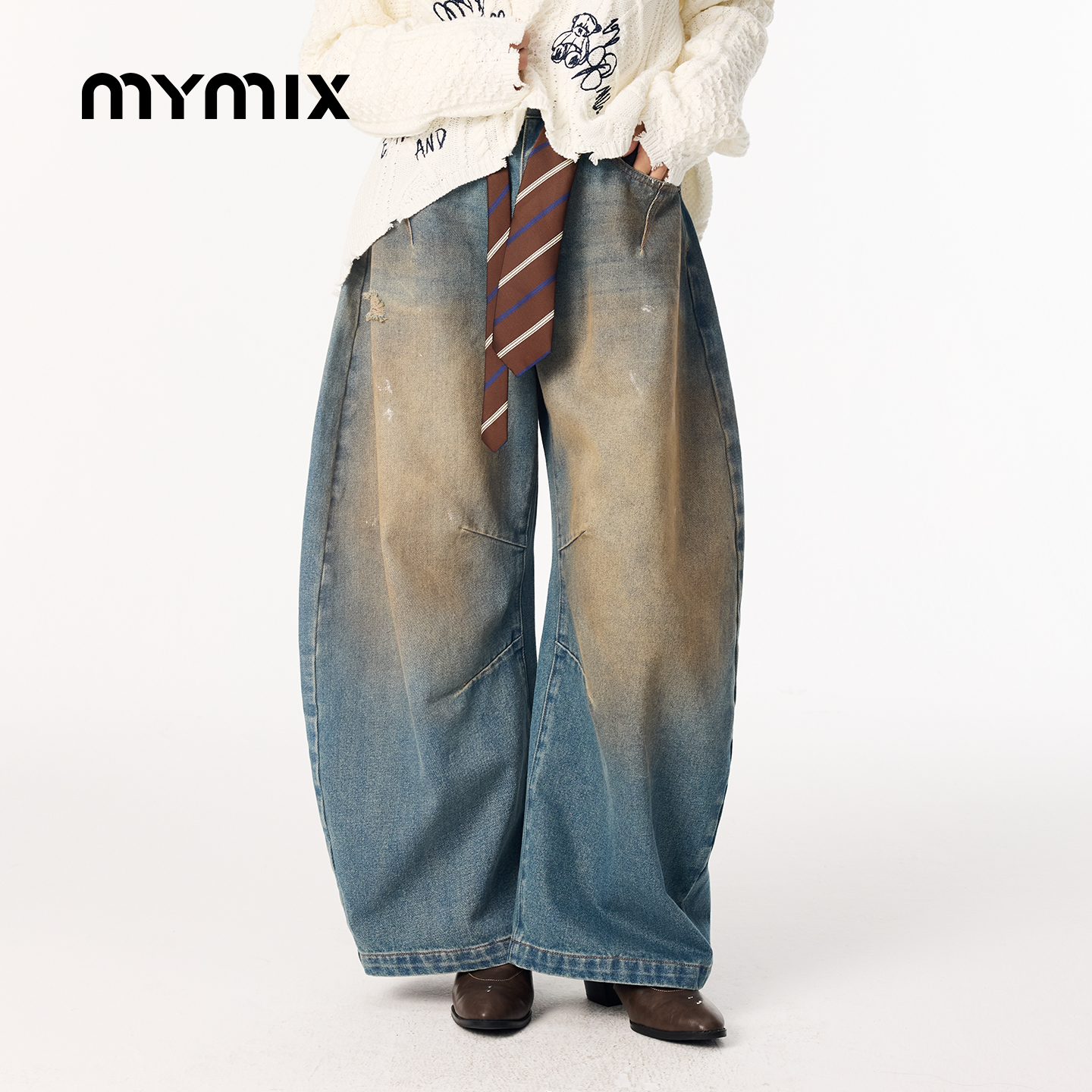 MYMIX时尚水洗高腰牛仔直筒长裤