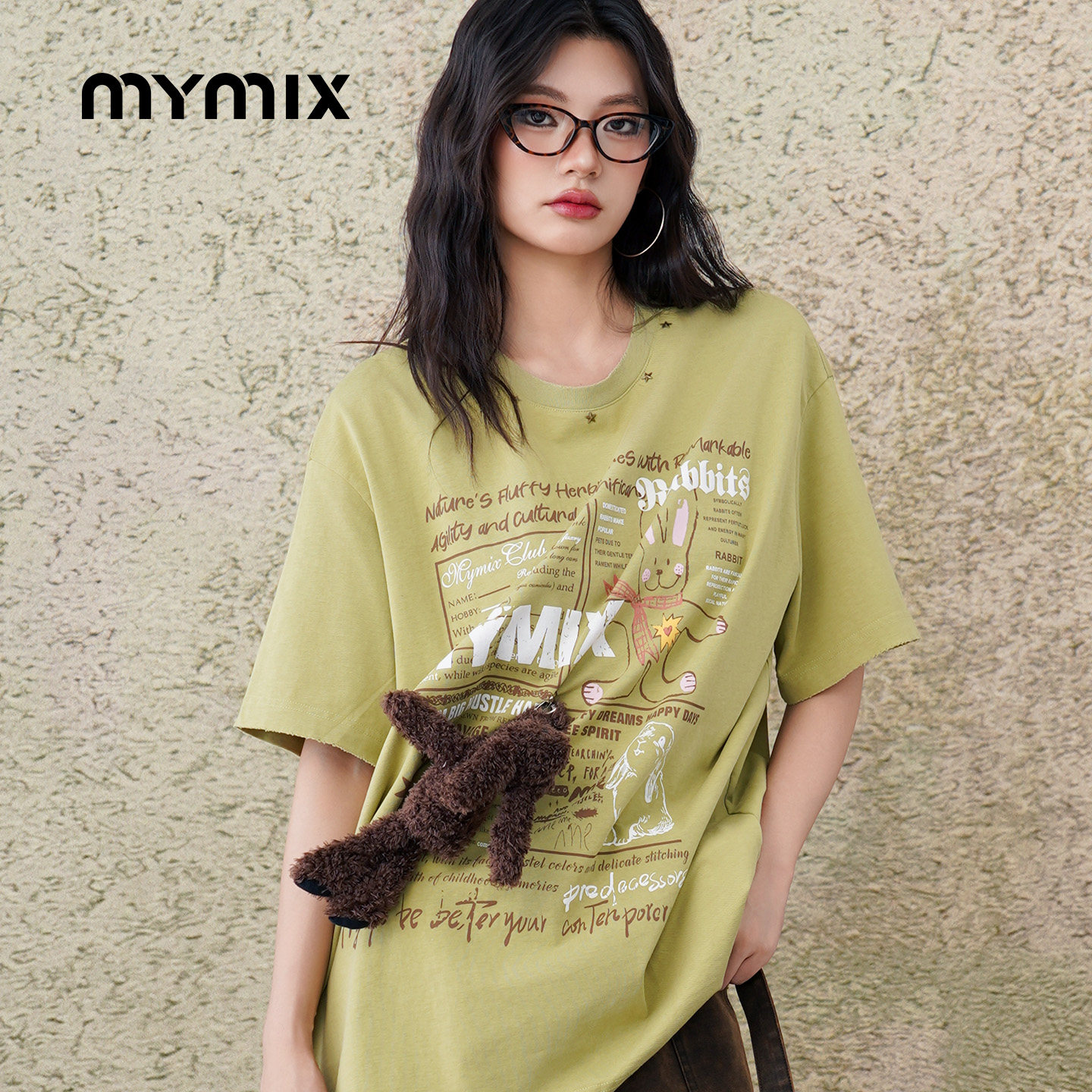 mymix25秋趣味兔子印花毛绒小熊个性宽松休闲圆领短袖T恤官方女装