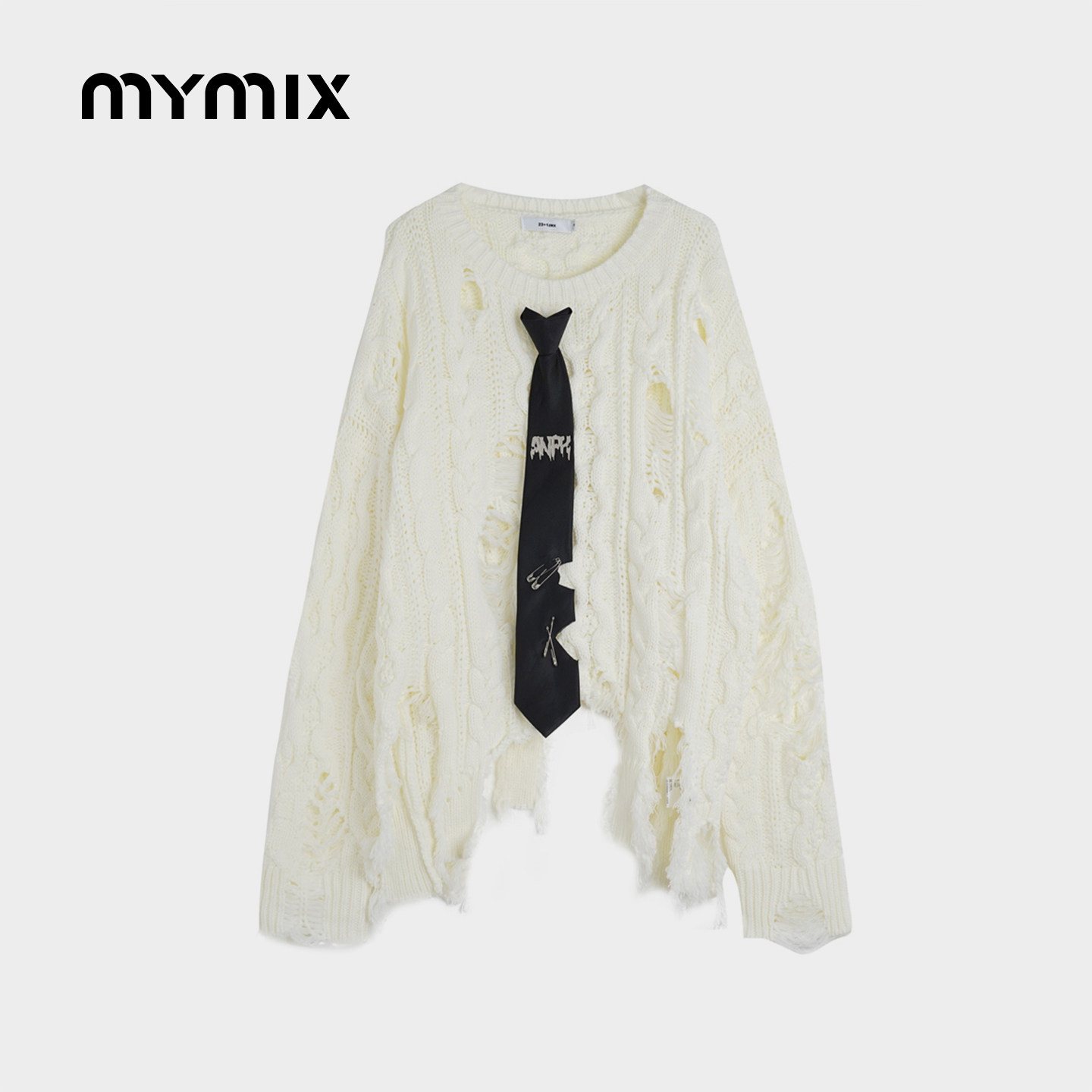 MYMIX带领带廓形破洞针织衫