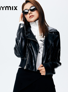 【26春新品】MYMIX机车风休闲廓形拉链短款长袖翻领PU夹克女装
