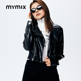 【26春新品】MYMIX机车风休闲廓形拉链短款长袖翻领PU夹克女装