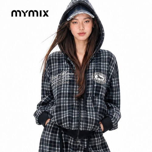 mymix格纹连帽夹克冬季新款女装