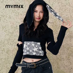 长袖 复古星星印花拼接假两件露肩短款 MYMIX美式 T恤 25秋新品