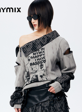 【26春新品】MYMIX时尚个性风印花撞色拼接廓形短款套头卫衣女装