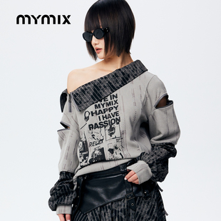 【26春新品】MYMIX时尚个性风印花撞色拼接廓形短款套头卫衣女装