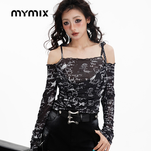 显瘦百搭长袖 25夏新品 MYMIX辣妹字母吊带露肩上衣T恤女修身