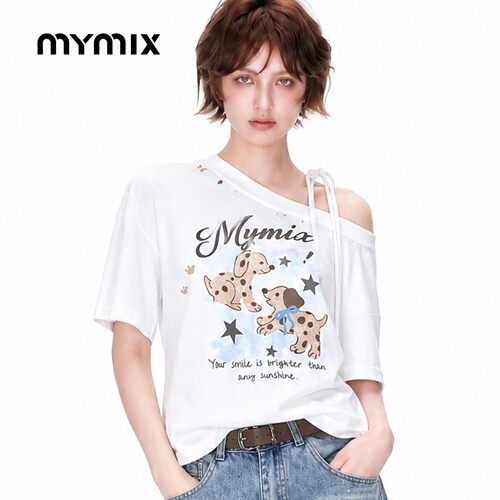 mymix26秋季卡通斜肩显瘦T恤