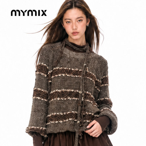 mymix冬季新款条纹长袖针织衫