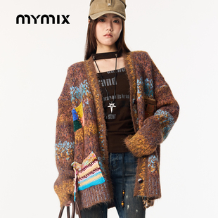 【26春新品】MYMIX潮流贴布宽松长款针织开衫休闲百搭保暖外套女