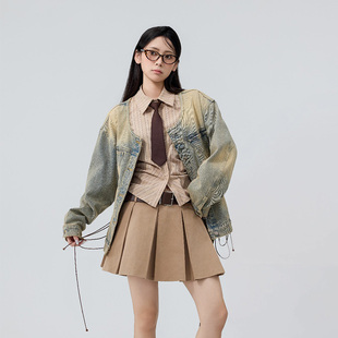 MYMIX美式复古做旧水洗牛仔外套女秋季新款宽松休闲百搭夹克上衣