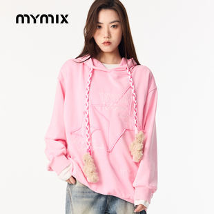 【26春新品】MYMIX字母印花宽松长袖连帽套头卫衣女上衣休闲外套