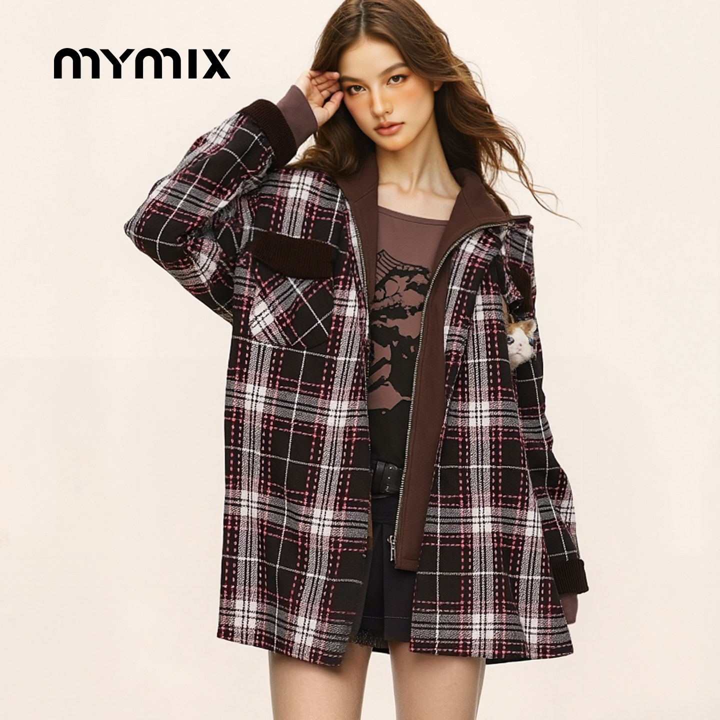 【25年冬季】MYMIX日系复古格纹拼接毛呢假两件外套女宽松呢子