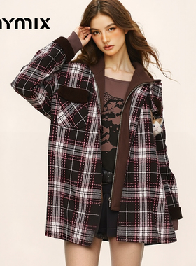 【25冬新品】MYMIX日系复古格纹拼接毛呢假两件外套女宽松呢子