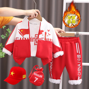 男宝宝冬装套装女童秋冬加绒三件套宝宝一体绒运动服中国红加厚潮