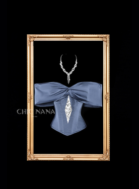 ChicNaNa「琴酒」蓝色法式鱼骨抹胸上衣女高级感修身显瘦胸衣上衣