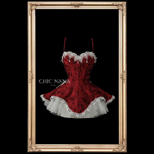 ChicNaNa「心烬」红色提花吊带抹胸连衣裙女修身显瘦收腰a字短裙