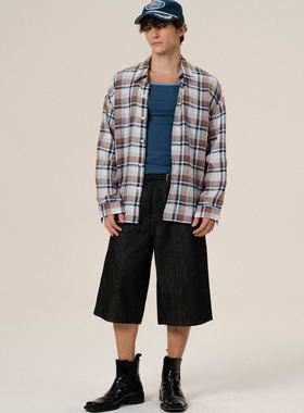 Retro21 R21 日本进口亚麻格纹宽松长袖衬衣双色