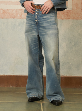 Retro 21 R21 秋冬新款 中高腰做旧水洗复古浅蓝色宽松牛仔裤