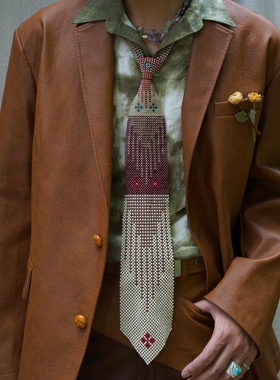 Retro 21 R21 米白拼接白色图案复古手工编织串珠工艺珍珠领带