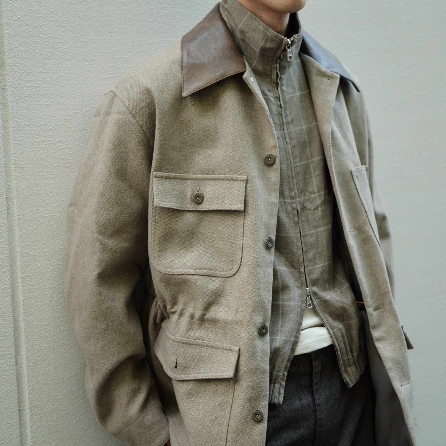 Retro 21 R21 羊毛拼接皮领四袋中长款抽绳夹克美拉德外套男女款