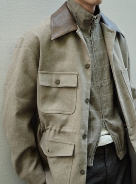 Retro 21 R21 羊毛拼接皮领四袋中长款抽绳夹克美拉德外套男女款