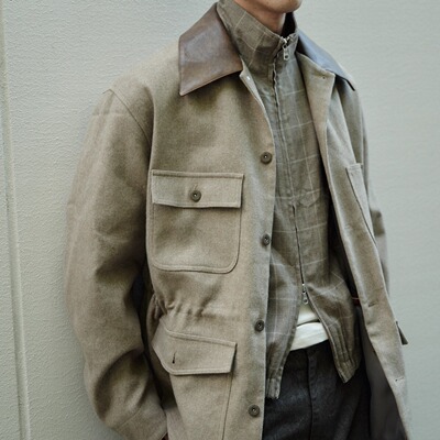 Retro 21 R21 羊毛拼接皮领四袋中长款抽绳夹克美拉德外套男女款