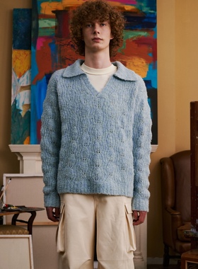 Retro 21 R21 秋冬新款经典百搭素色贝壳花型镂空蓝色polo衫毛衣