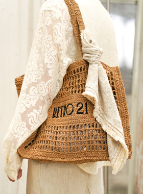 Retro21 R21春夏新款 纯手工拉菲草编织镂空休闲手提袋