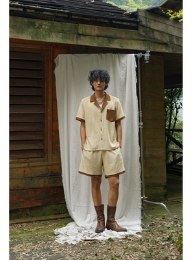 Retro 21 R21 春夏新款日本进口羊毛针织拼接麂皮松紧腰头短裤