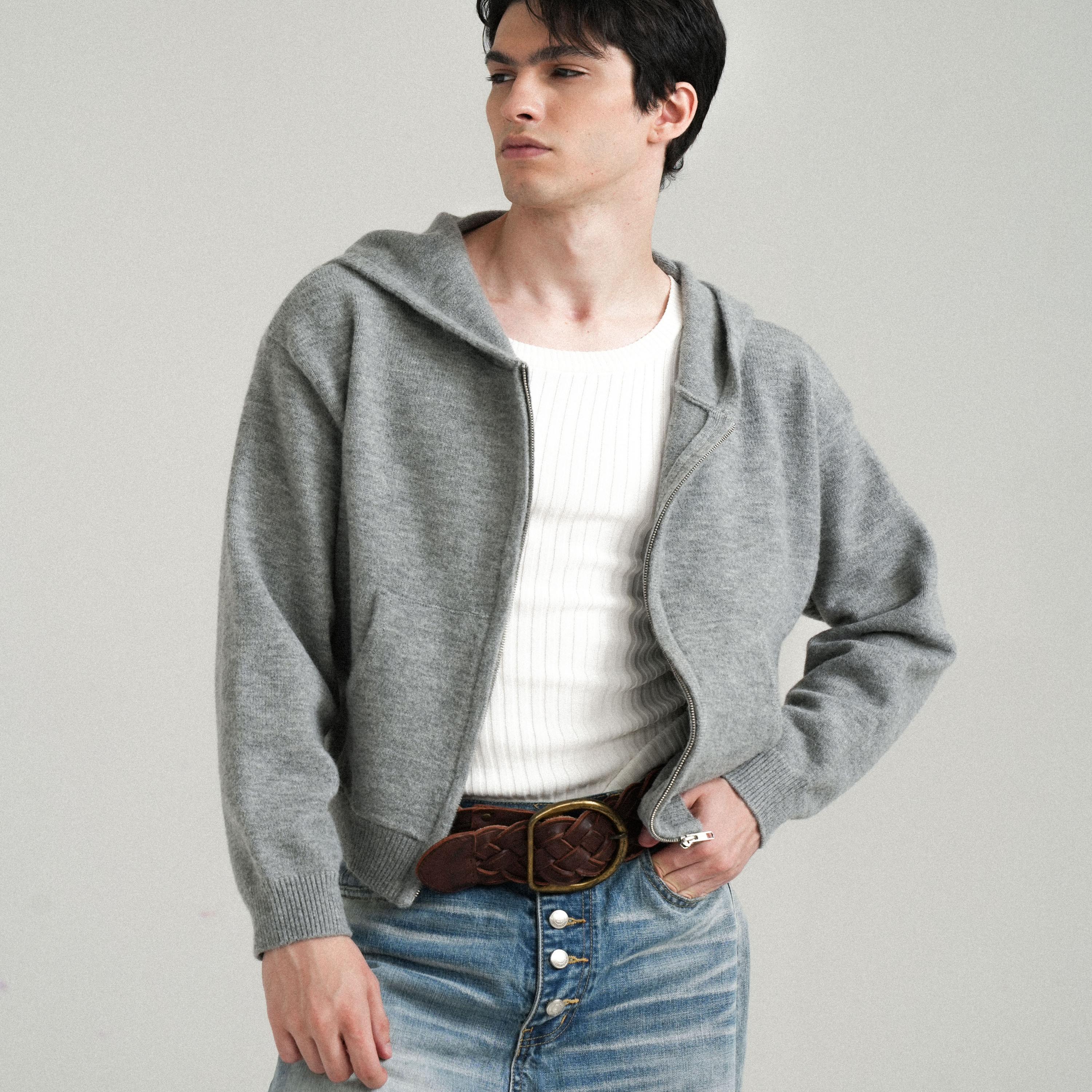 Retro 21 R21 秋冬新款 美式复古灰色针织拉链帽衫短款毛衣