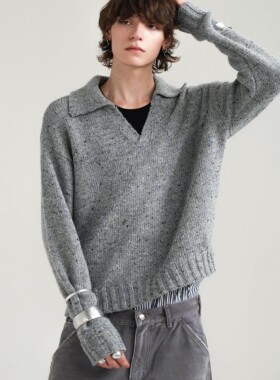 Retro21 R21 灰色百分之50羊毛短宽polo彩点毛衣