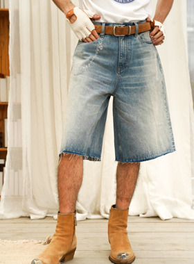 Retro21 R21春夏新款 中高腰印花裤链图案冰蓝色牛仔短裤七分裤