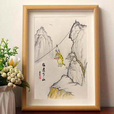 猛虎下山唐伯虎真迹画挂画摆台