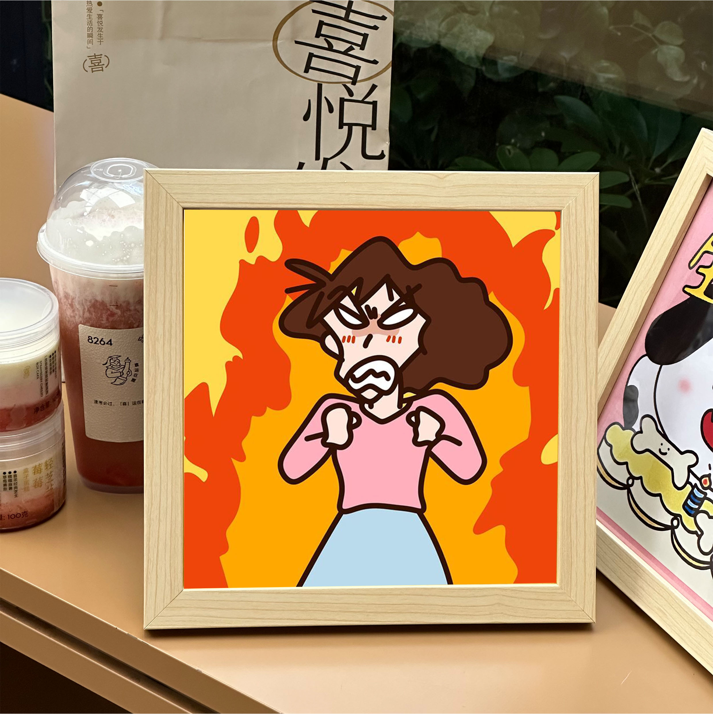 木艺 原创插画美伢发火原木色相框8寸实木创意摆件房间装饰画送礼