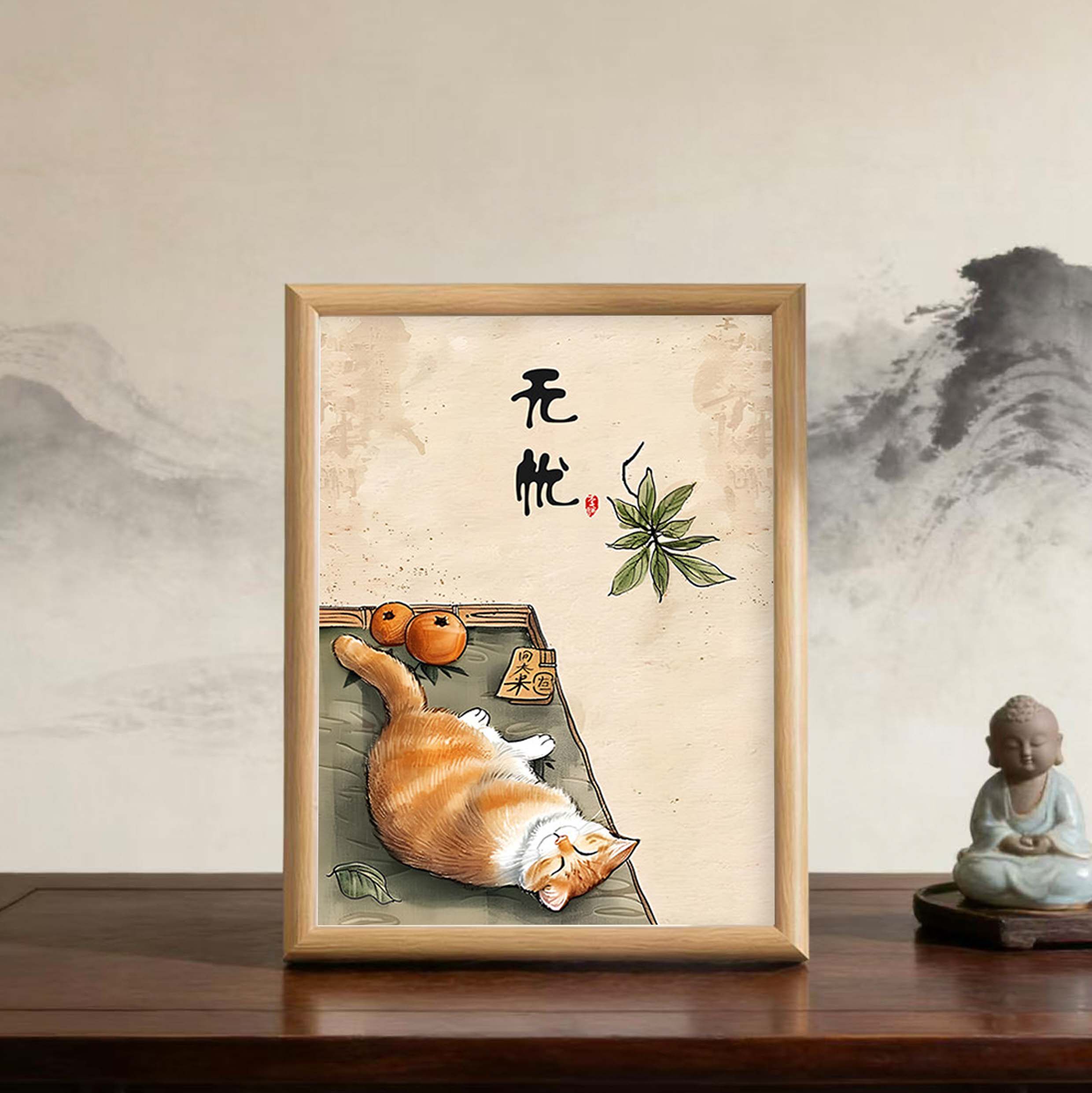 无忧小猫国风画书房客厅卧室装饰画暖心招财字画挂墙猫咪摆件摆台
