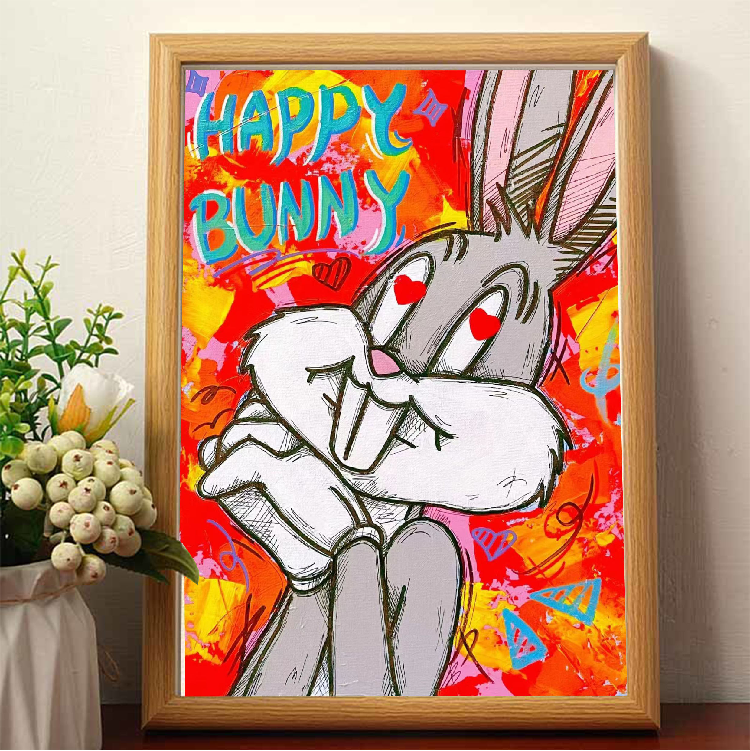 兔八哥爱慕崇拜油画相框插画摆台房间办公室摆件桌面ins风卡通潮