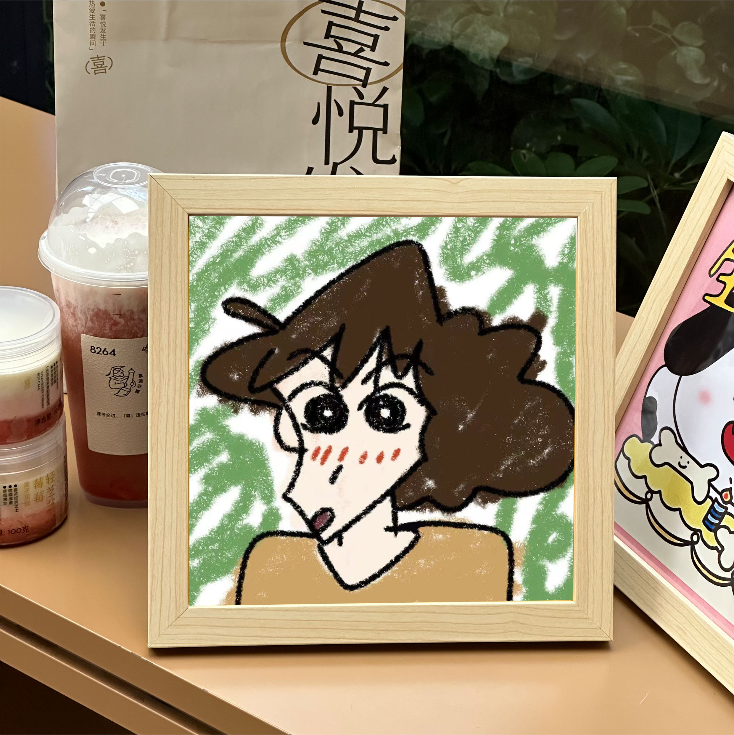 木艺 原创蜡笔小新美伢油画棒8寸实木相框摆件装饰画房间卧室摆台
