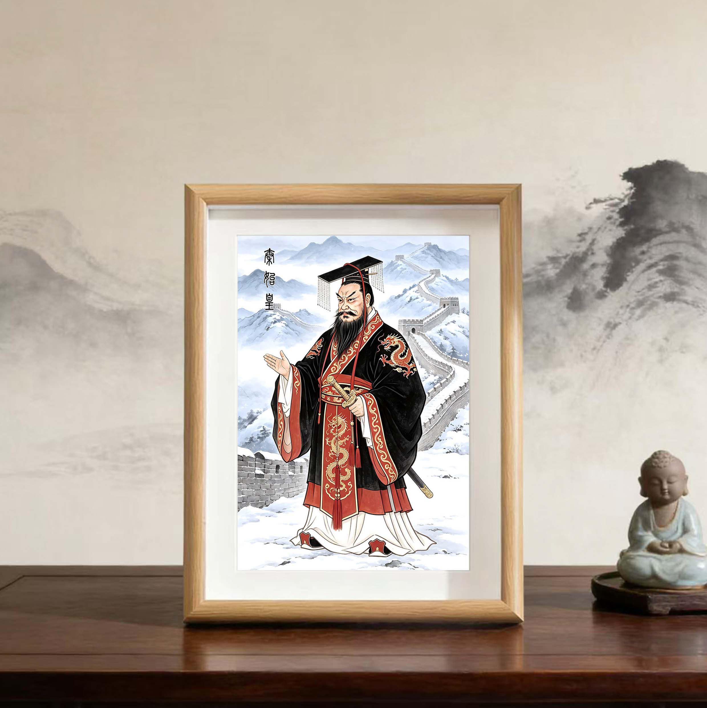 秦始皇画像摆件始皇帝嬴政国画相框客厅书房历史人物桌面装饰摆台