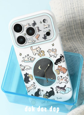 dokdatdap小猫时钟原创iPhone17proMax手机壳个性镜子适用苹果16pro手机壳可新款爱手绘卡通苹果17Pro小众款