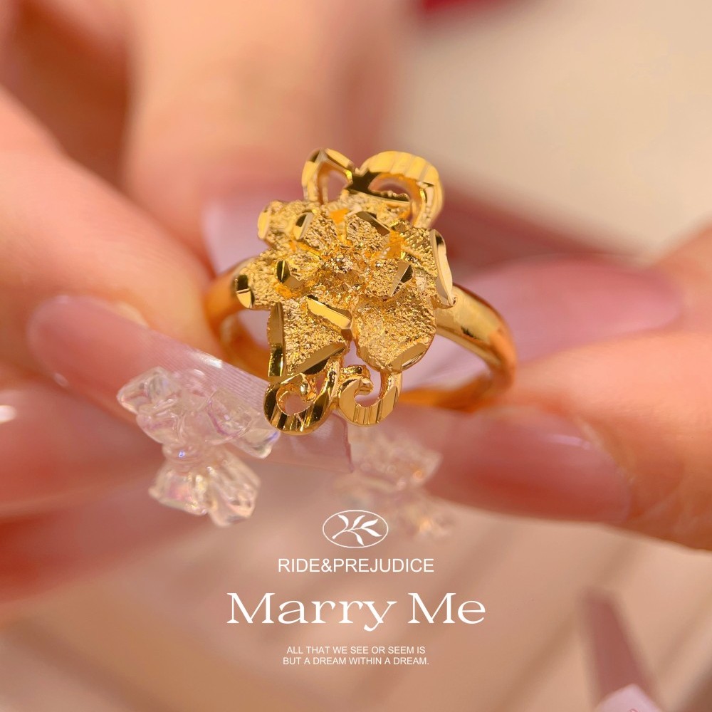新款牡丹花朵仿真黄金戒指女大气指环结婚新娘三金沙金指环可调节