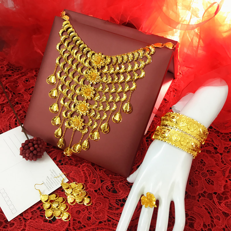 新款花朵结婚项链龙凤手镯套装结婚首饰镀黄金饰品结婚嫁三金套装