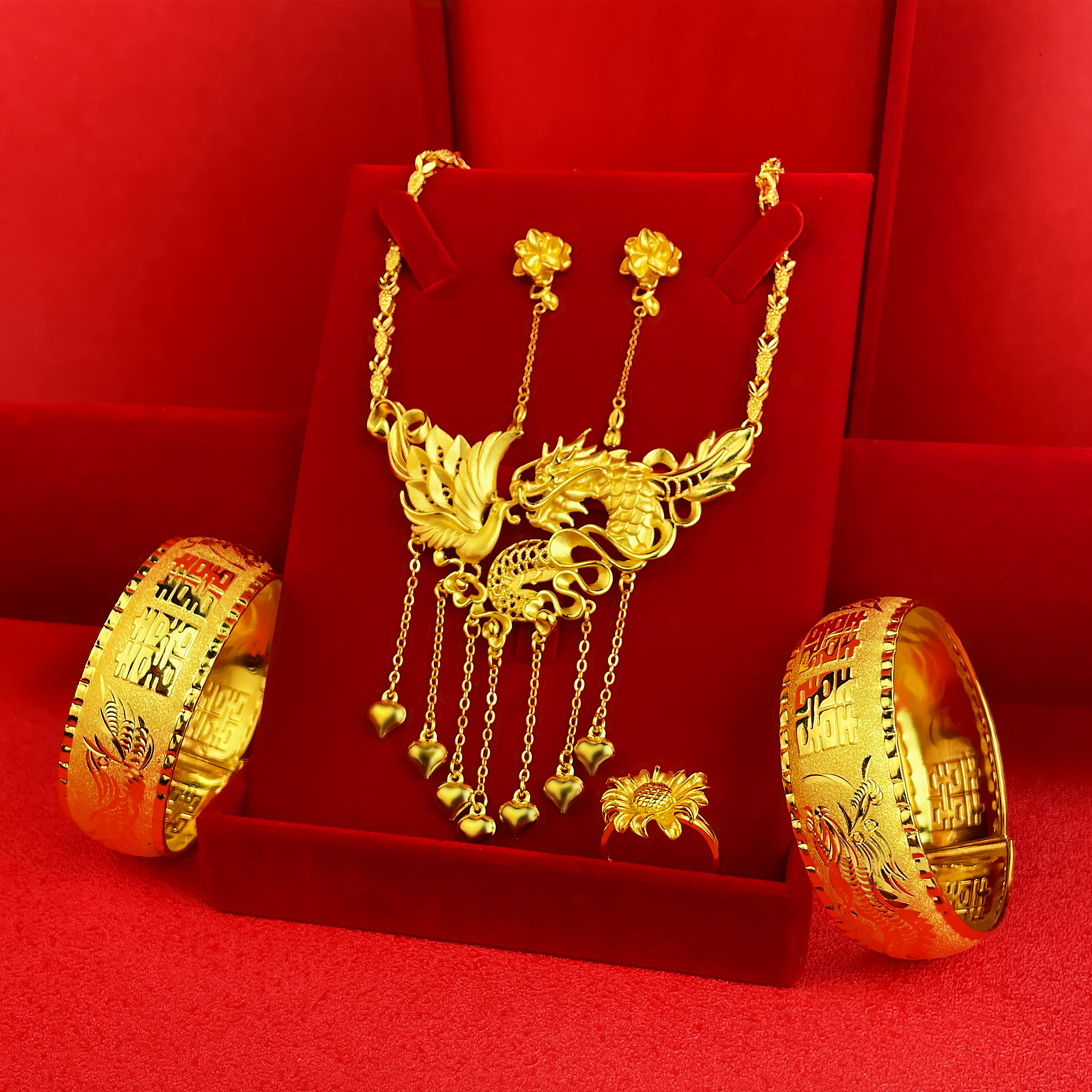 新款简约民族风镀金龙凤项链套装镀金新娘结婚三金套龙凤手镯套装