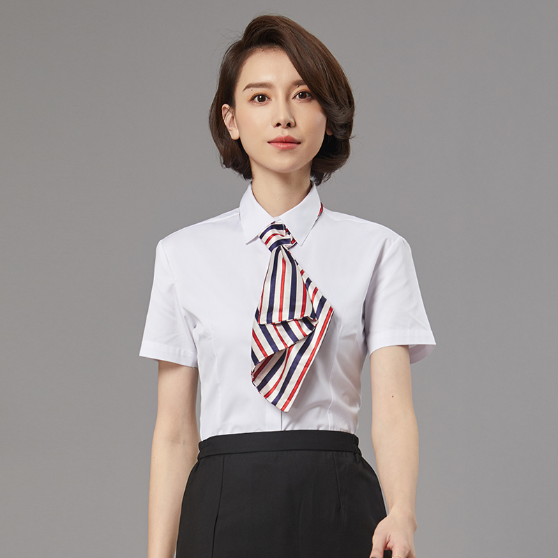 夏季女士职业正装制服工作服通勤OL短袖衬衫白色斜纹商务修身衬衣