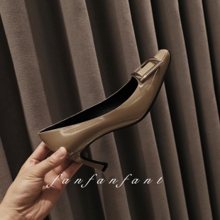 版 fanfanfant 方扣舒适高跟鞋 7CM 型超正 大象灰牛漆皮