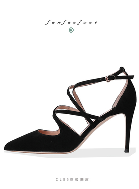 镇店之宝 高级定制黑色麂皮 8.5CM高跟性感凉鞋 尖头罗马绑带女鞋