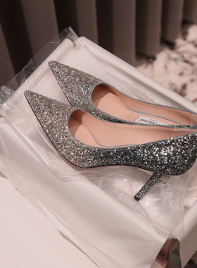 如履平地 LOVE85版型 蓝色渐变格丽特工作鞋  尖头8.5CM高跟鞋