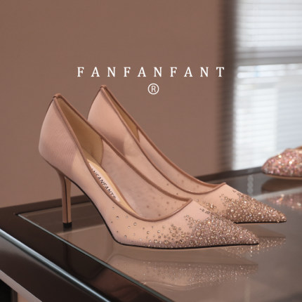 fanfanfant 高级定制网纱贴钻婚鞋 尖头性格高跟鞋 舒适工作鞋