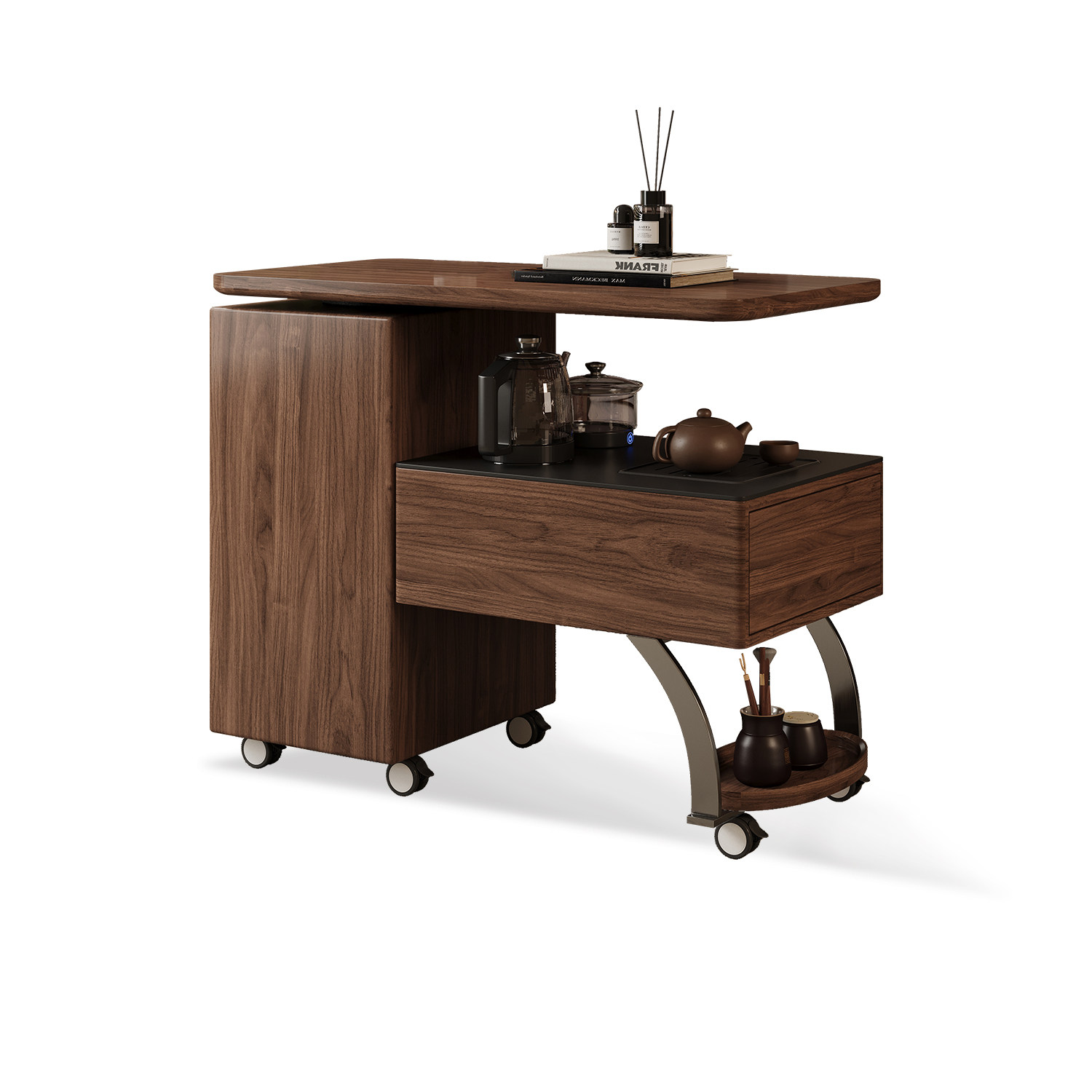 中古风实木设计感高端旋转茶几小户型阳台茶车客厅家用小茶台茶桌